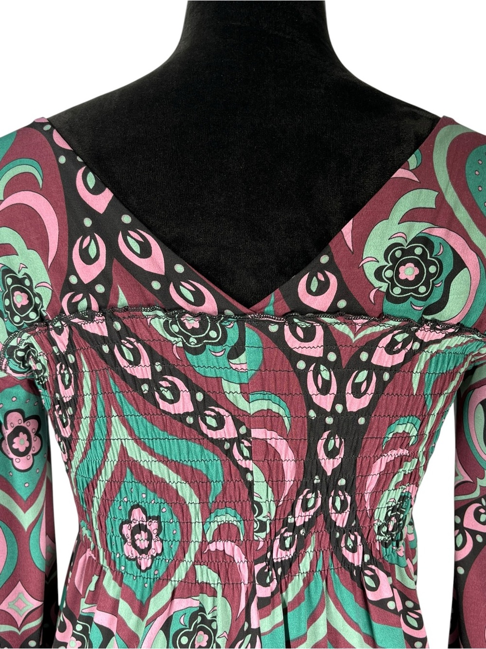 Bisou Bisou Y2K Dress Boho Paisley Smocked Retro Mod Jersey Teal Pink Stretchy - Picture 4 of 7